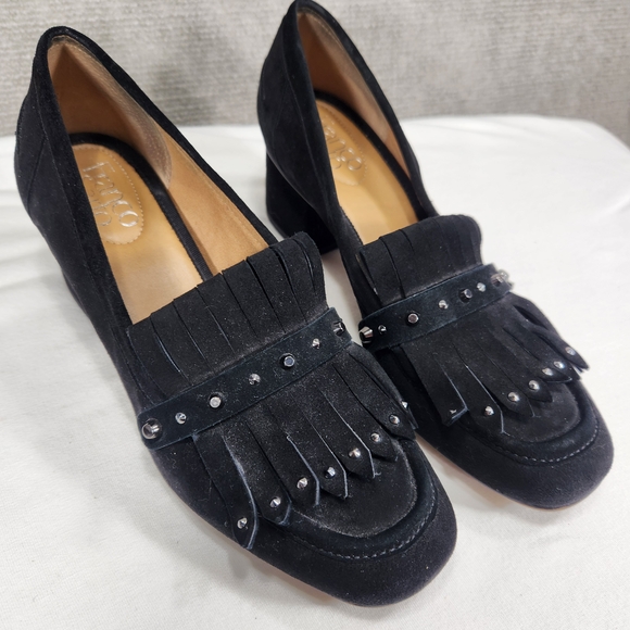 Franco Sarto Black Fringe Loafers with Studs - Picture 1 of 8